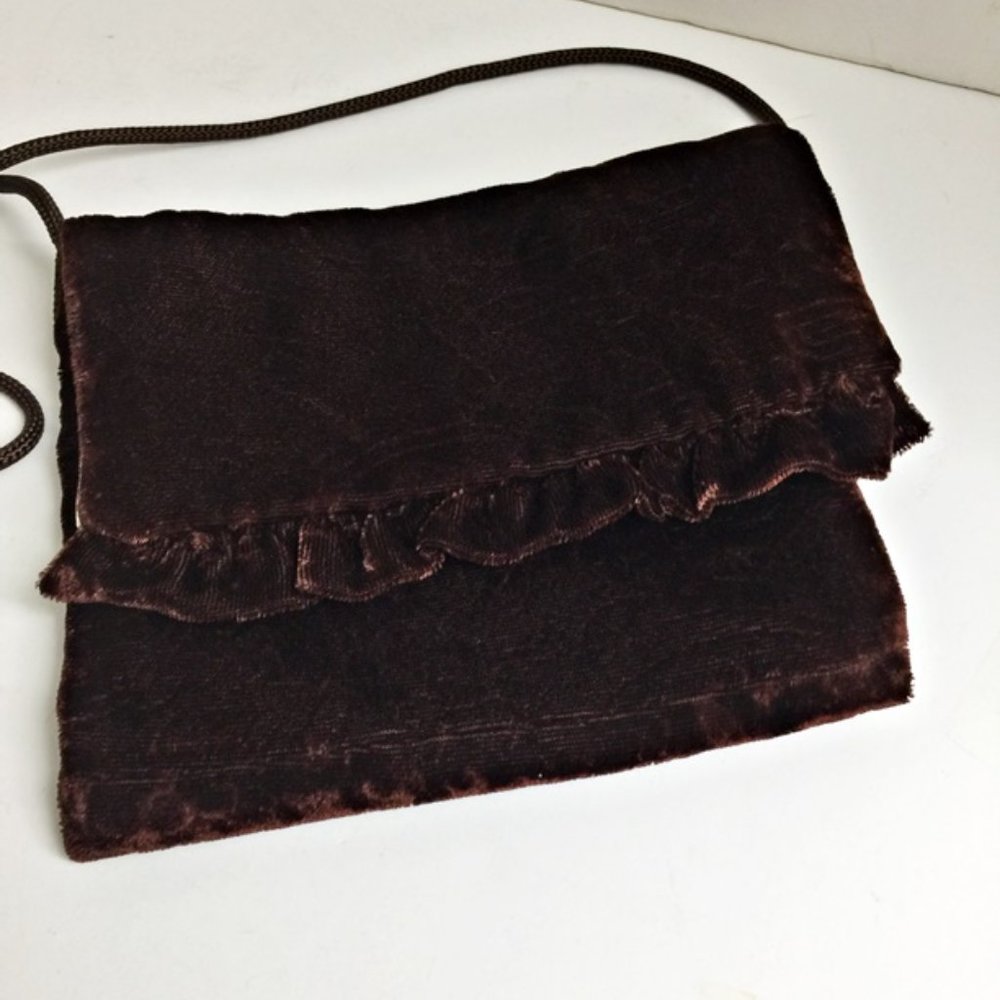 Vintage Handmade Evening Purse Brown Cut Velvet Shoulder Bag Ecru Lining Party